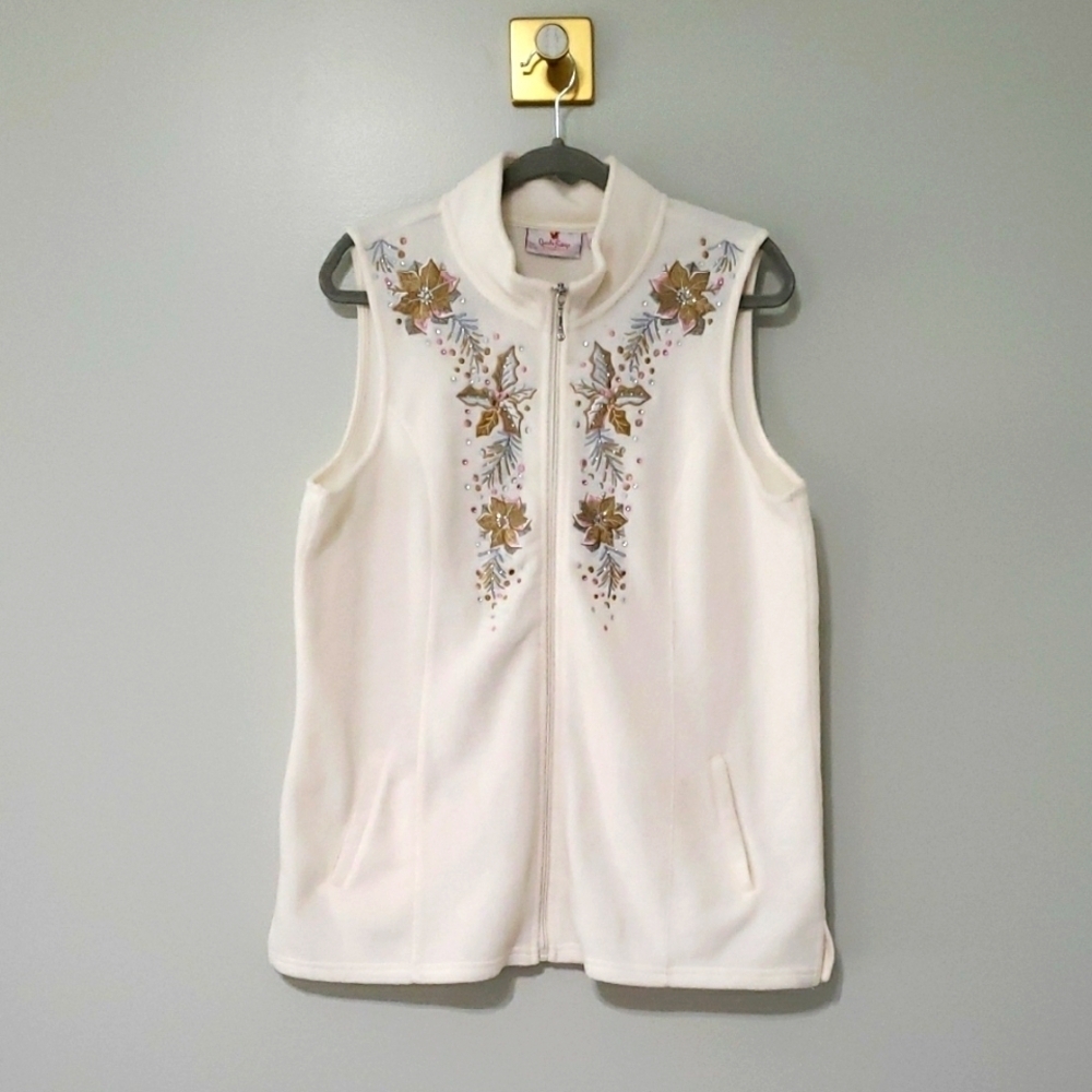 Quacker Factory Women Zip Fleece Vest Winter White Poinsettia Holiday Christmas